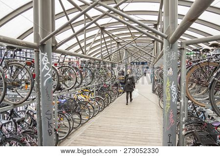 Aarhus, Denmark - May 9, 2017: Bicycles Parking In Center Of Town  Near Train Station On May 9, 2017