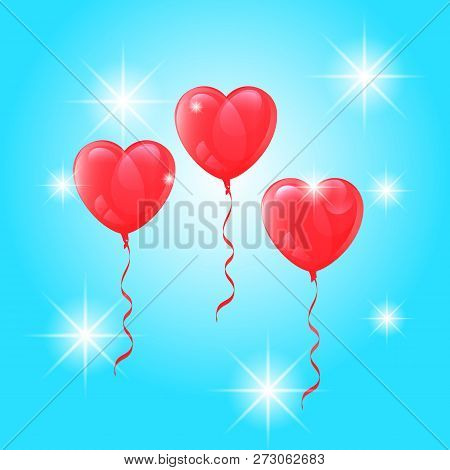 Vector Drawing Balloons Heart Shaped On Sky Background With Highlight.