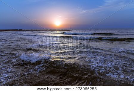 Blue Sunset Over The Mediterranean Sea, Israel. Deep Blue Sea.