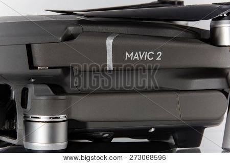 Washington, Usa - December 01, 2018: Mavic 2 Pro Logo Close-up. Drone Body Macro. Technology