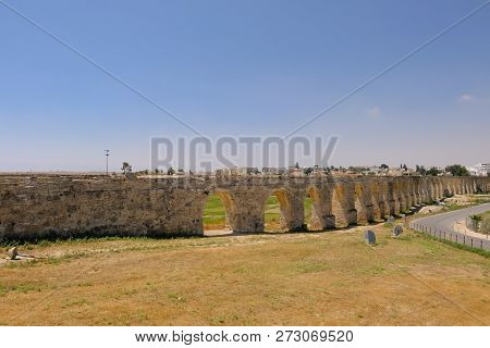 View Of Aqueduct At Kamares, Larnaca.  Landscape Shot With Wide Angle.  Taken On A Sunny Morning In 