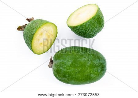Tropical Fruit Feijoa Acca Sellowiana Isolated On White Background. Top View. Flat Lay Pattern