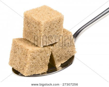cubeÃ?Ã? of brown sugar on spoon, isolated on white with clipping path