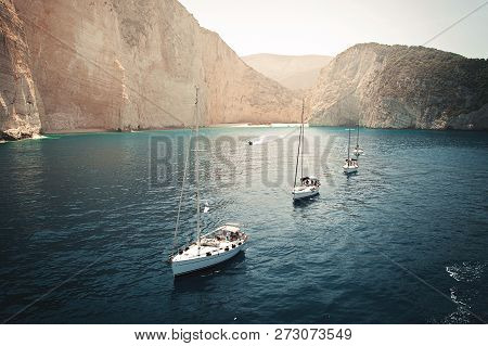 Flotilla Of Sailing Yachts In The Bay. Beautiful Seascape.