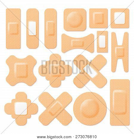 Set Of Realistic Adhesive Elastic Bandage. Vector Collection Of First Aid Band Plaster Strip, Medica