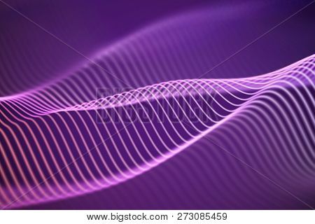 3d Sound Waves, Visual Audio Equalizer. Big Data Abstract Visualization. Purple Bright Sound Waves. 