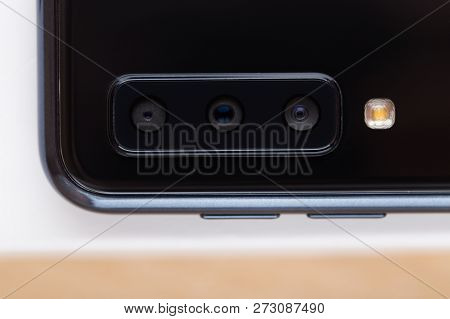 Rostov-on-don, Russia - November 2018. Samsung Galaxy A7 Close-up On The Table. The New Smartphone F