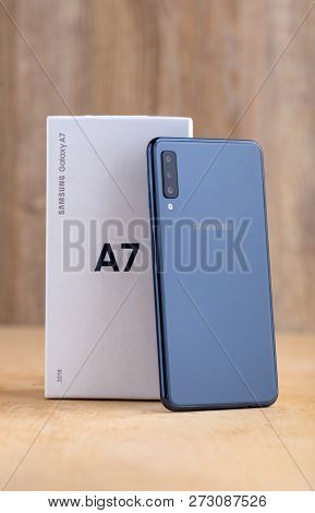 Rostov-on-don, Russia - November 2018. Samsung Galaxy A7 Close-up On The Table. The New Smartphone F