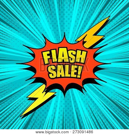 Comic Bright Promotional Concept With Red Speech Bubble Yellow Flash Sale Wording Lightnings Radial 