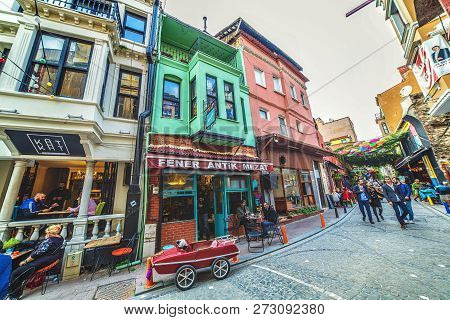 Istanbul, Turkey: Colorful Street And Popular Cafe At Balat Which Is A Historic Neighbourhood Of Ist