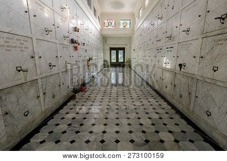 Oakland, California - December 7, 2018: Mausoleum Corridor At Mountain View Cemetery. The Mountain V