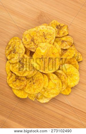 Pile Of Crunchy Sliced Dehydrated Plaintain Fruit Chips