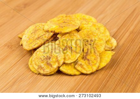 Pile Of Crunchy Sliced Dehydrated Plaintain Fruit Chips