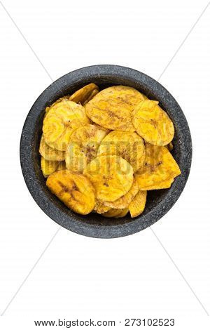 Pile Of Crunchy Sliced Dehydrated Plaintain Fruit Chips