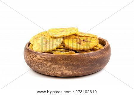 Pile Of Crunchy Sliced Dehydrated Plaintain Fruit Chips
