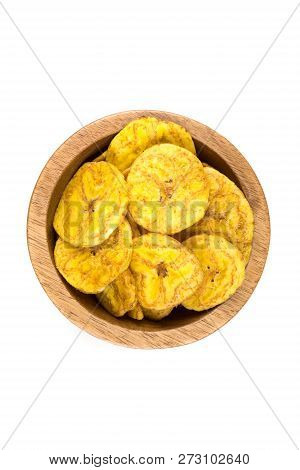 Pile Of Crunchy Sliced Dehydrated Plaintain Fruit Chips