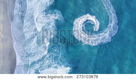 Scooter On The Water Surface From Top View. Seascape Background From Top View. Summer Seascape From 