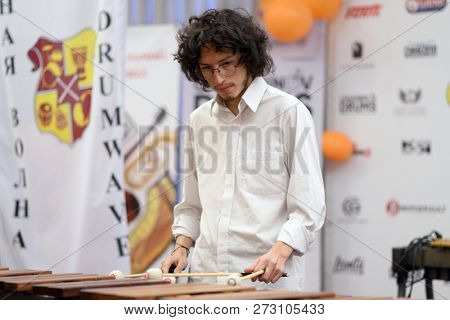 ST. PETERSBURG, RUSSIA - NOVEMBER 29, 2018: Musician playing marimba during the contest-festival of percussion instruments Drum Wave. This annual fest was held in 5th time