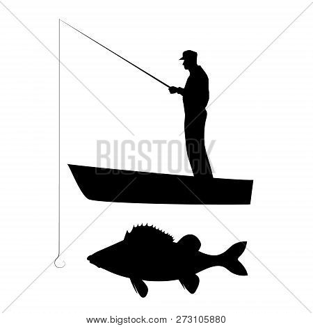 Old Man In Cap Catching Big Perch With Fishing Rod On Boat. Vector Black Silhouette Image.