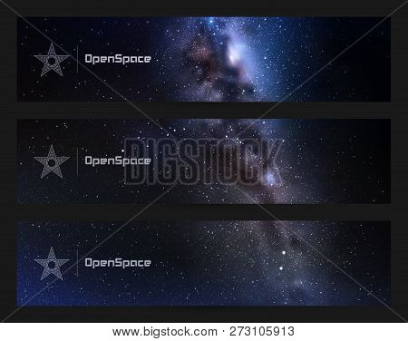 Set Of Horizontal Banners With Night Starry Sky And Milky Way. Space Dark Background With Fragment O