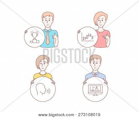 People Hand Drawn Style. Set Of Winner Podium, Human Sing And Candlestick Graph Icons. Online Video 