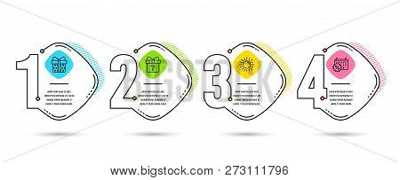 Infographic Template 4 Options Or Steps. Set Of Sun, Secret Gift And Gift Box Icons. Calendar Discou