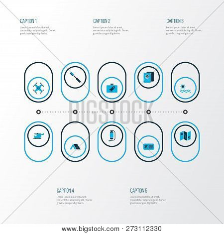 Journey Icons Colored Set With Flask, Airplane Ticket, Sea And Other Hygiene Elements. Isolated Vect