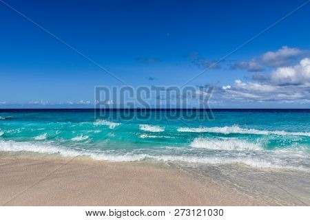 Different Nuances Of Blue Color In The Waves Of Indian Ocean In Seyshelles.