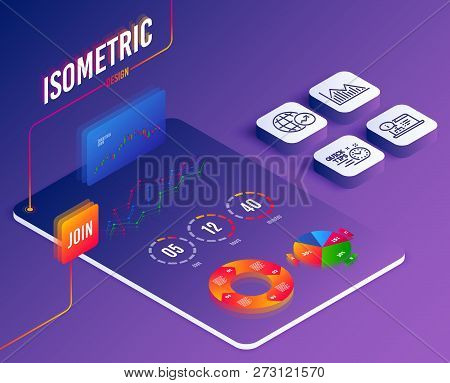 Isometric Vector. Set Of Online Documentation, Investment Graph And World Statistics Icons. Quick Ti