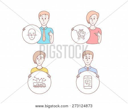 People Hand Drawn Style. Set Of Face Recognition, Cross Sell And Truck Delivery Icons. Message Sign.