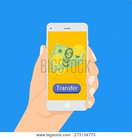 Flat Design Style Vector Illustration Of Modern Smartphone With Processing Of Mobile Payments. Money