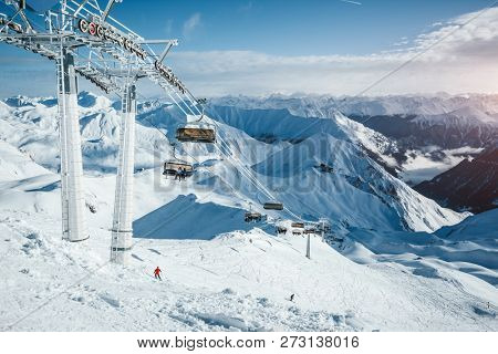 Attractive view on skiing area on a frosty day. Location place Paznaun valley, ski resort Silvretta Arena Ischgl / Samnaun on the Swiss Austrian border, Tyrol, Europe. Discover the beauty of earth.