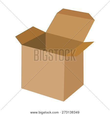 Empty Open Cardboard Box Isolated On White Background. Side View. Brown Carton Shipping Box Flat Vec