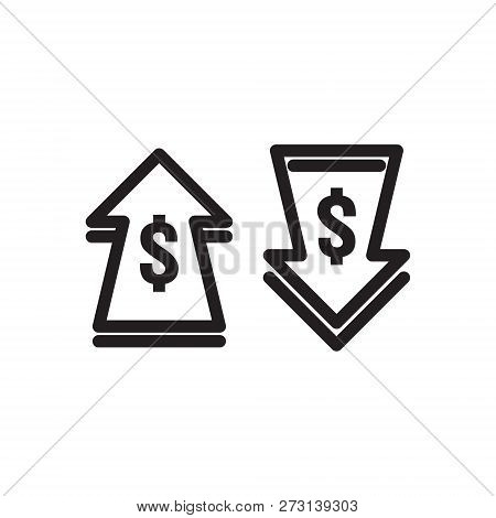 Dollar Increase Decrease Icon. Money Symbol With Arrow Stretching Rising Up And Drop Fall Down. Busi