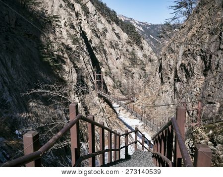 Stairs In The Mountains And The Great View To Beautiful Mountains Seoraksan. South Korea
