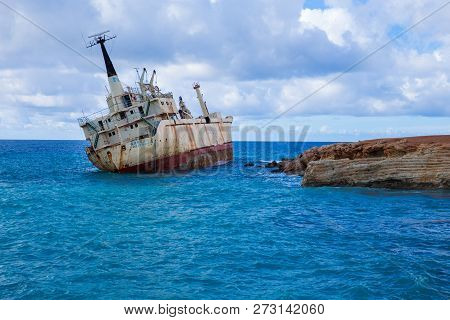Old Ship Wreck And Blue Water Beach. Travel Photo 2018, December. Landscape And Nature.