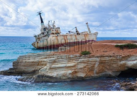 Old Ship Wreck And Blue Water Beach. Travel Photo 2018, December. Landscape And Nature.