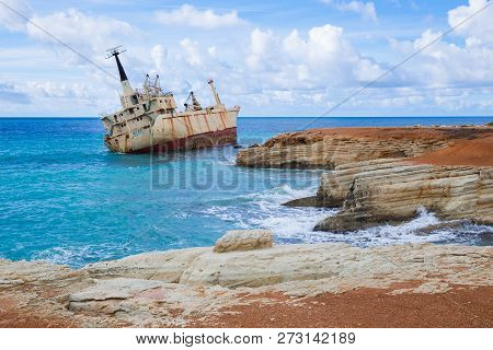 Goust Old Wreck Ship And Blue Water Beach. Travel Photo 2018, December. Landscape And Nature.