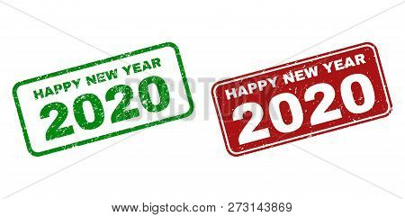 Grunge Happy New Year 2020 Stamp Seals. Vector Happy New Year 2020 Rubber Seal Imitation In Red And 