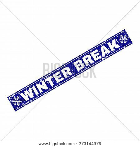 Grunge Rectangle Winter Break Stamp Seal With Snowflakes And Lines. Vector Winter Break Rubber Seal 
