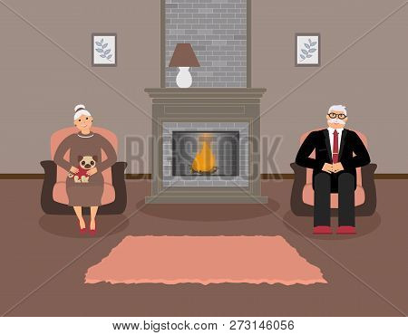 Couple Elderly People Is Sitting By The Fireplace In A Beautiful Cozy Living Room In Brown And Peach