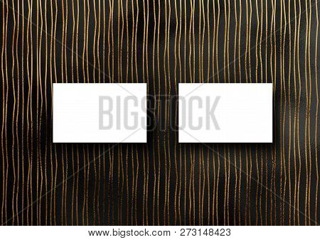 Business Card Mock-up Template With Gold Crooked, Wavy Line Pattern Background