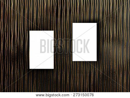 Business Card Mock-up Template With Gold Crooked, Wavy Line Pattern Background