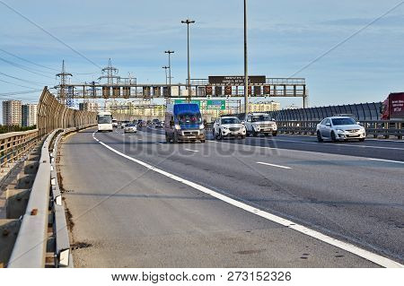 St. Petersburg, Russia - August 28, 2018: Automobiles Drive Along The Ring Road With Highway Sound P