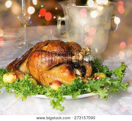 Christmas (new Year) Table With Roast Stuffed Capon.