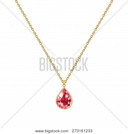 Golden Chain Necklace With Gem. Jewelry Design Isolated On White