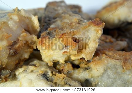 Slices Of Fish Fried In Batter Close Up Shallow Depth Of Field