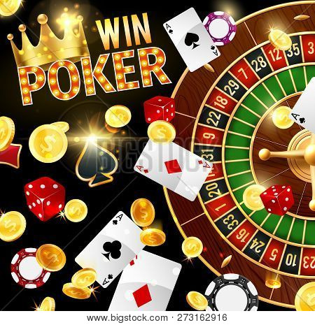 Poker, Casino And Gambling, Roulette Wheel And Dice. Vector Stake Chips And Play Cards, Gold Royal C