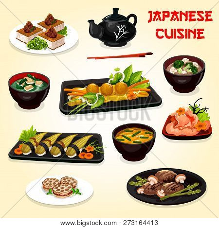 Japanese And Asian Cuisine Vector Dishes. Nigiri Sushi, Pork And Octopus Balls With Baked Vegetable,