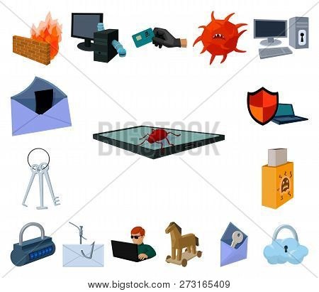 Hacker And Hacking Cartoon Icons In Set Collection For Design. Hacker And Equipment Vector Symbol St